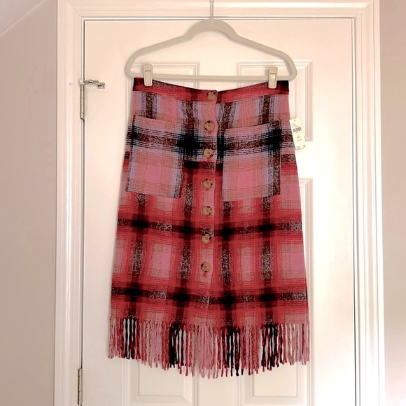 NWT Anthropologie Maeve Pink Combo Plaid Fringe Skirt Women's 10 Petite - Picture 4 of 11